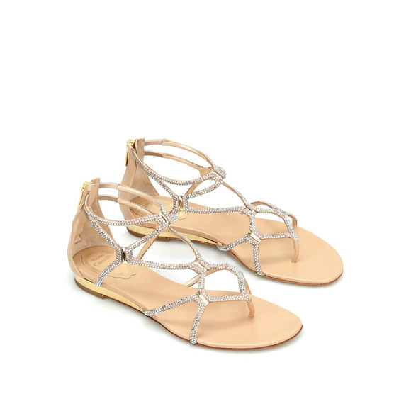 Rene Caovilla Crystal Embellished Flat Strappy Sandals Gold Women's 38.5 / 8.5 - Picture 1 of 7